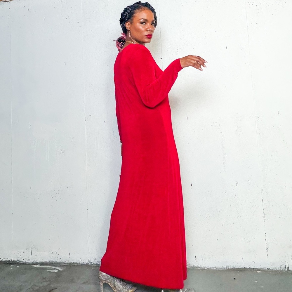 Vintage Nylon Maxi Red Long Sleeve Dress, Fits L-XL